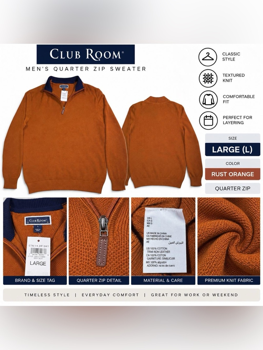 Club Room Men’s Birdseye Quarter Zip PulloverSweater Rust Orange Navy Blue L NWT